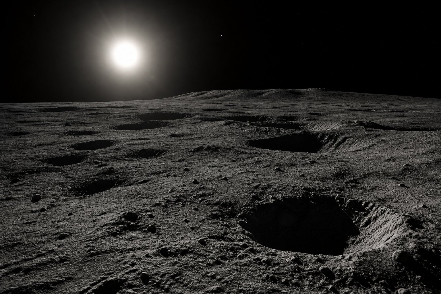 Mercury's surface under a huge harsh Sun