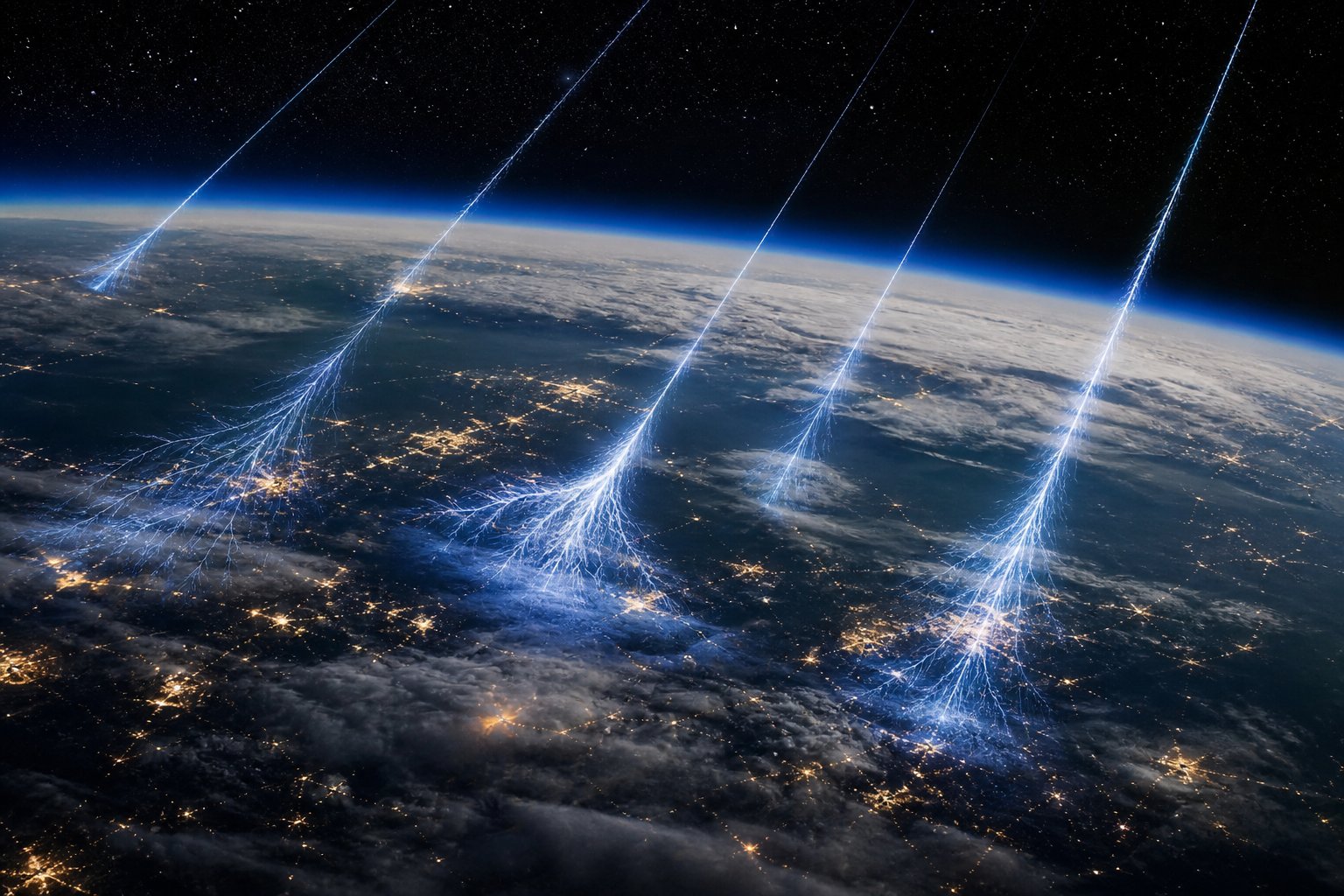 Cosmic ray tracks in the upper atmosphere