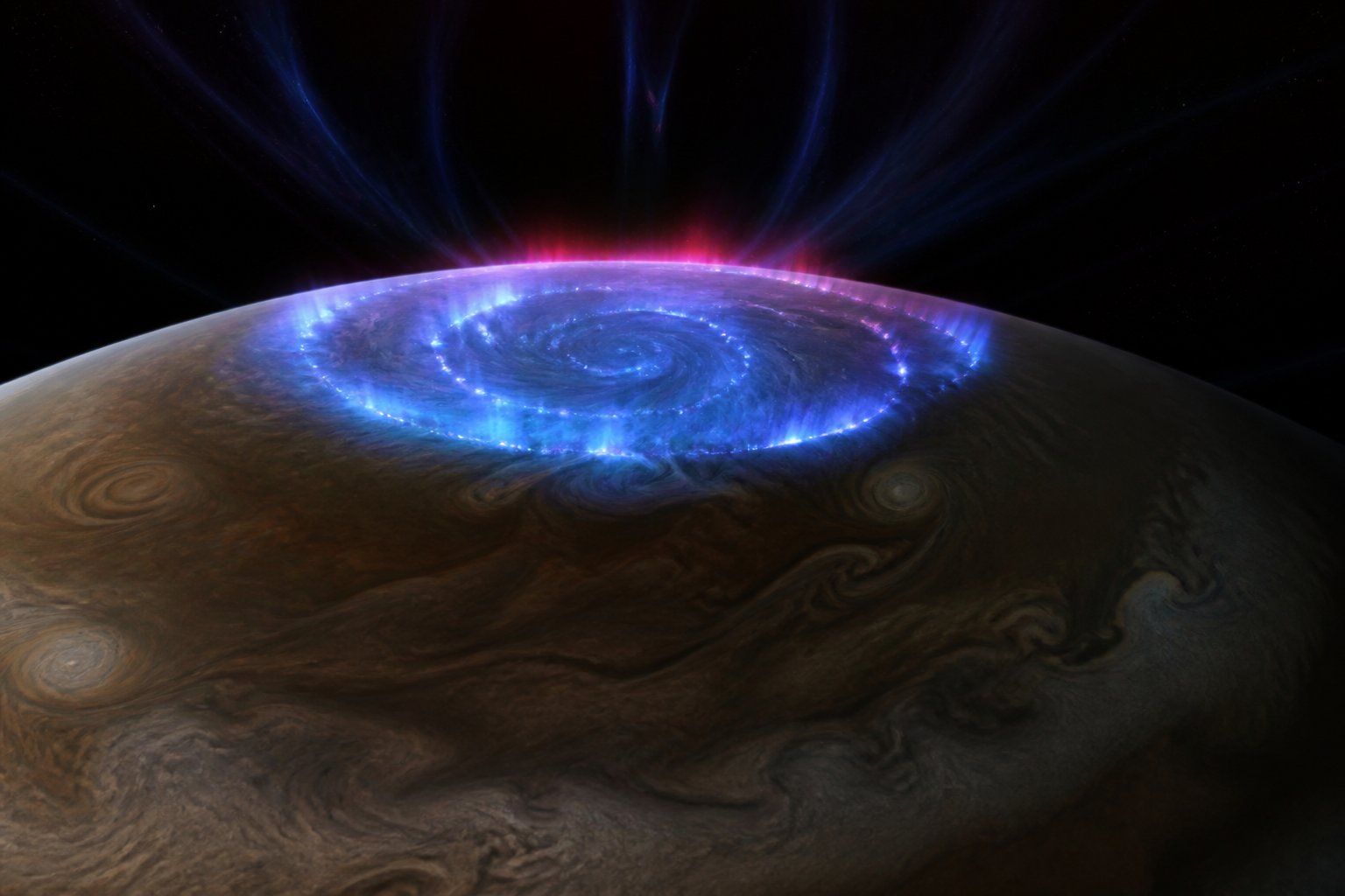 Jupiter polar aurora above banded clouds