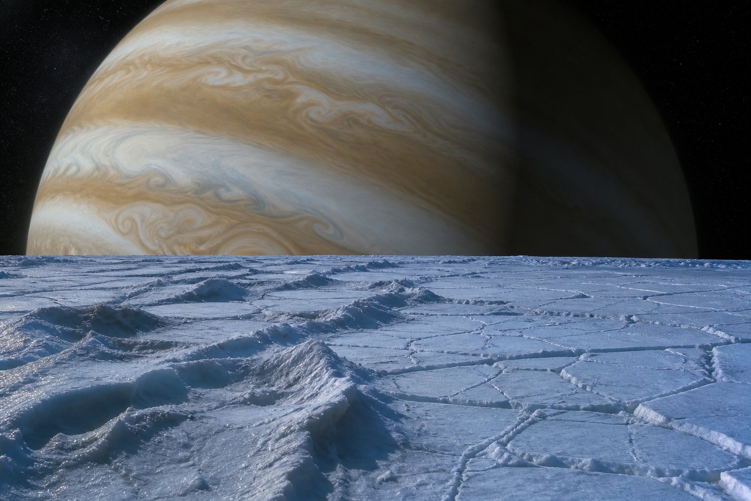 Icy moon surface with Jupiter filling the sky