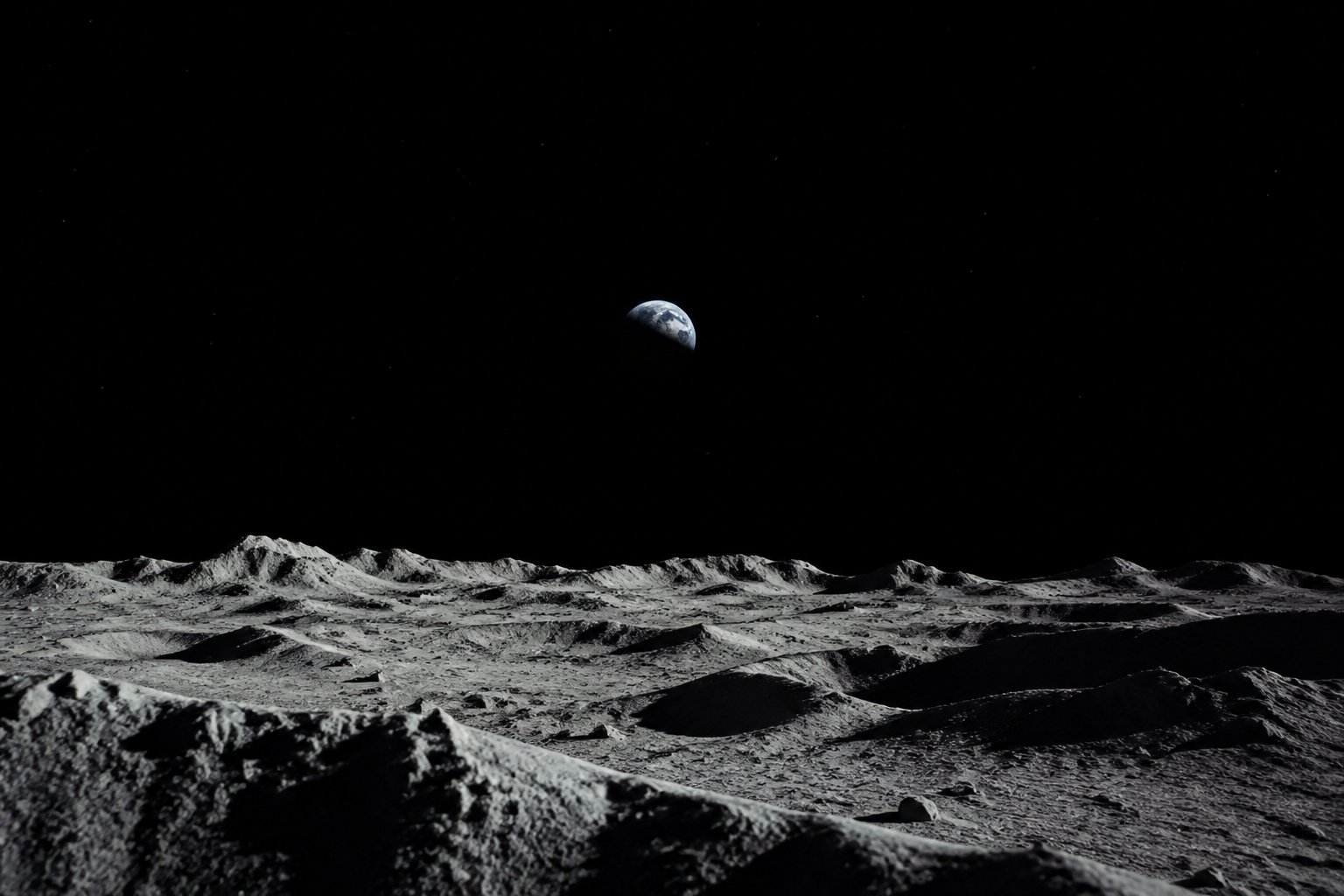 Earthrise from a lunar south polar ridge