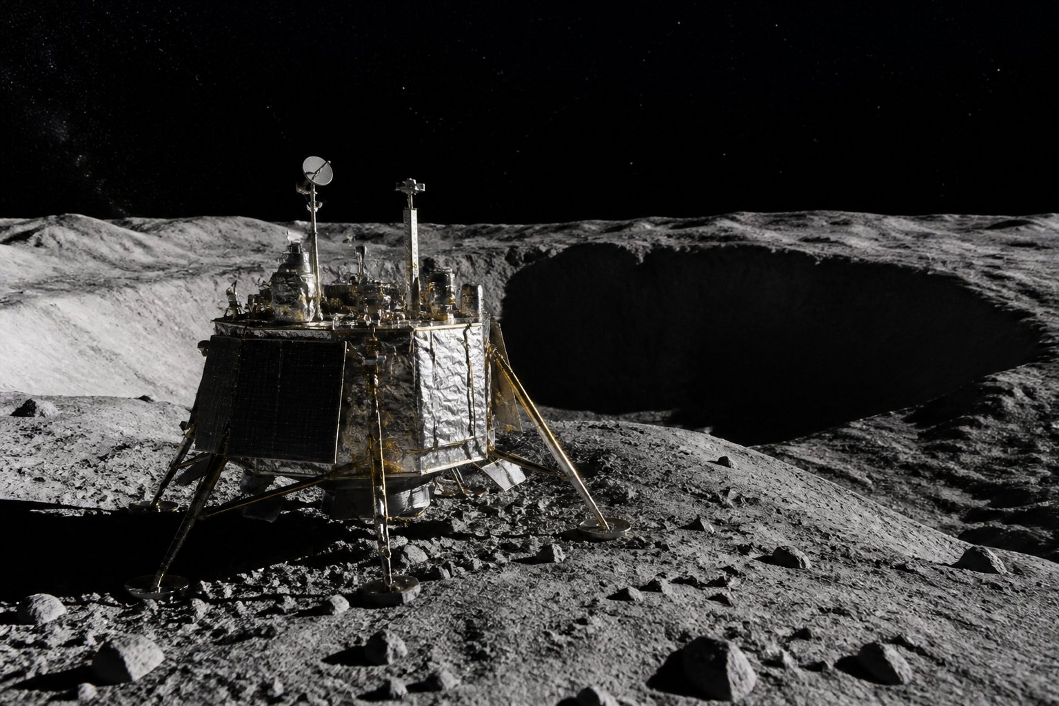 Small uncrewed lander on a lunar polar crater rim