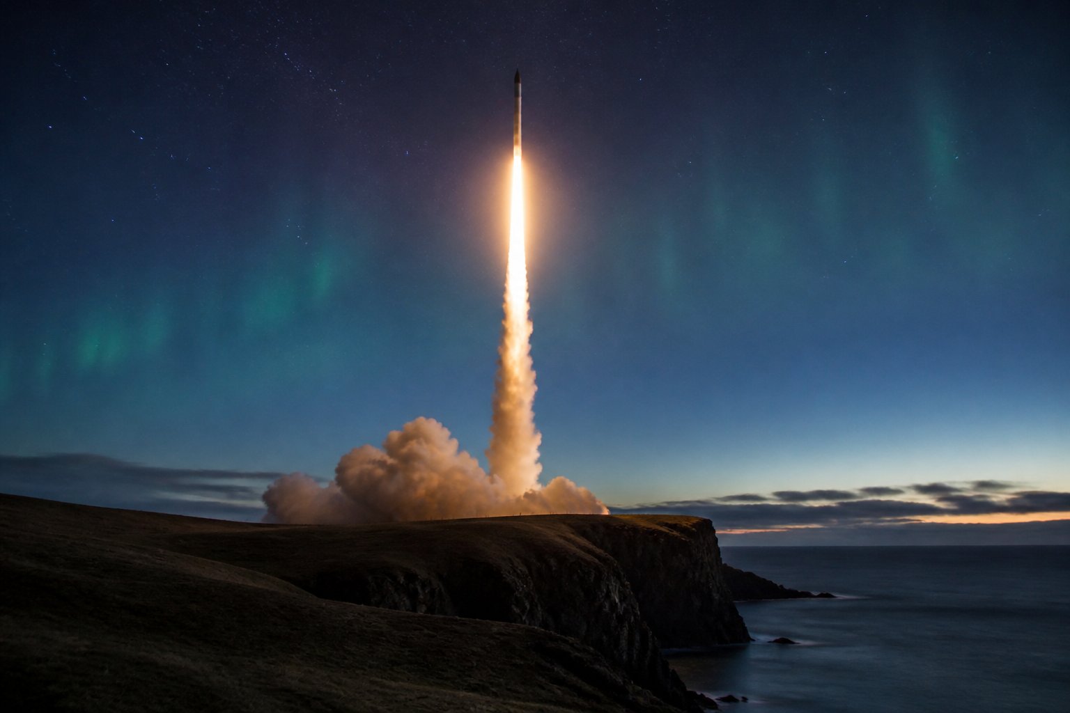 Rocket launch under aurora